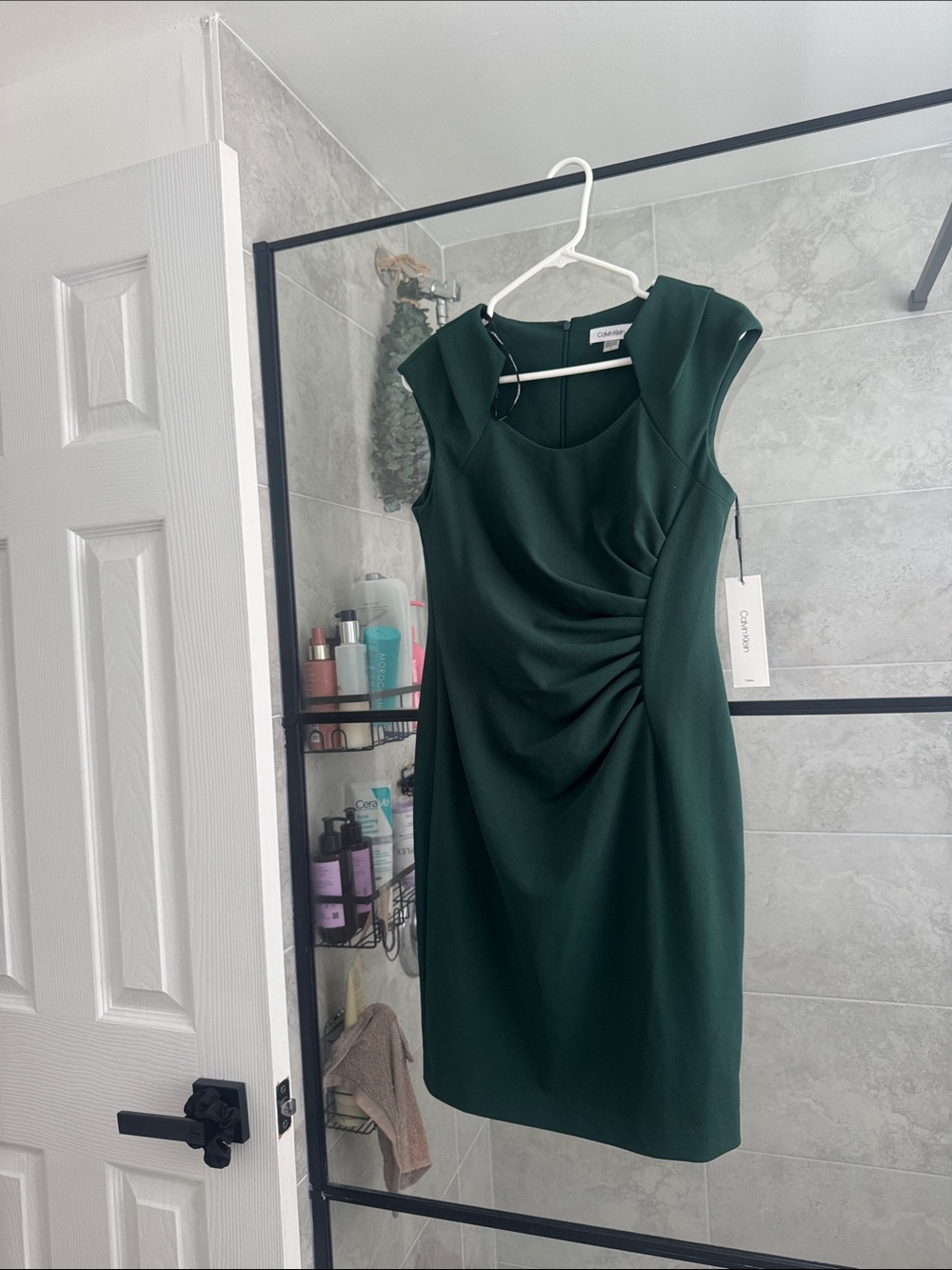 Calvin Klein Dark Green Ruched Cap-Sleeve Sheath Dress
